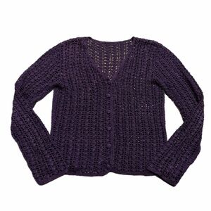 90s does 70s Vintage Open Knit Crochet Button Cardigan (Eggplant Purple) Medium